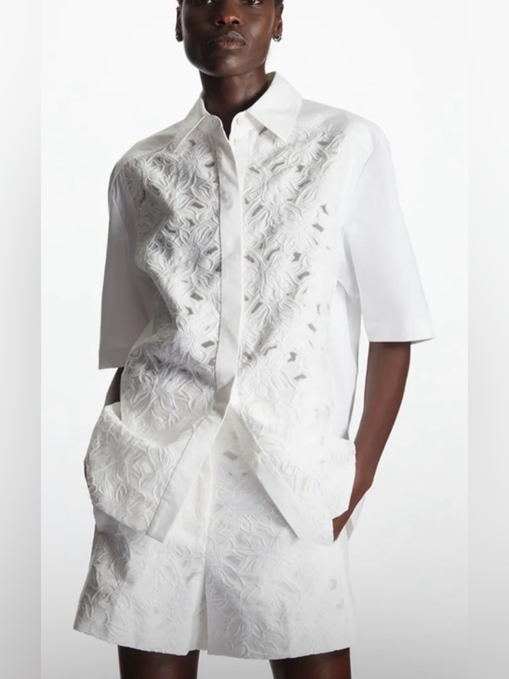COS Relaxed Fit Lace Panel Short-Sleeve Button-Up Shirt White Size 10 NWOT